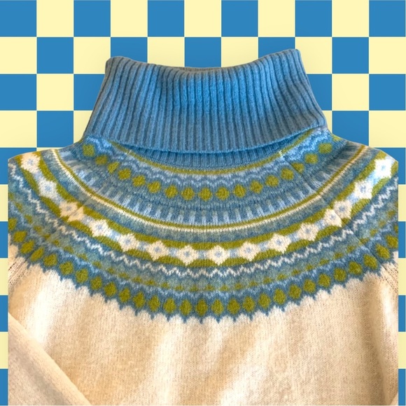 Fair isle sweater Merino Wool Blend chartreuse Blue Winter white size Small - Picture 1 of 5